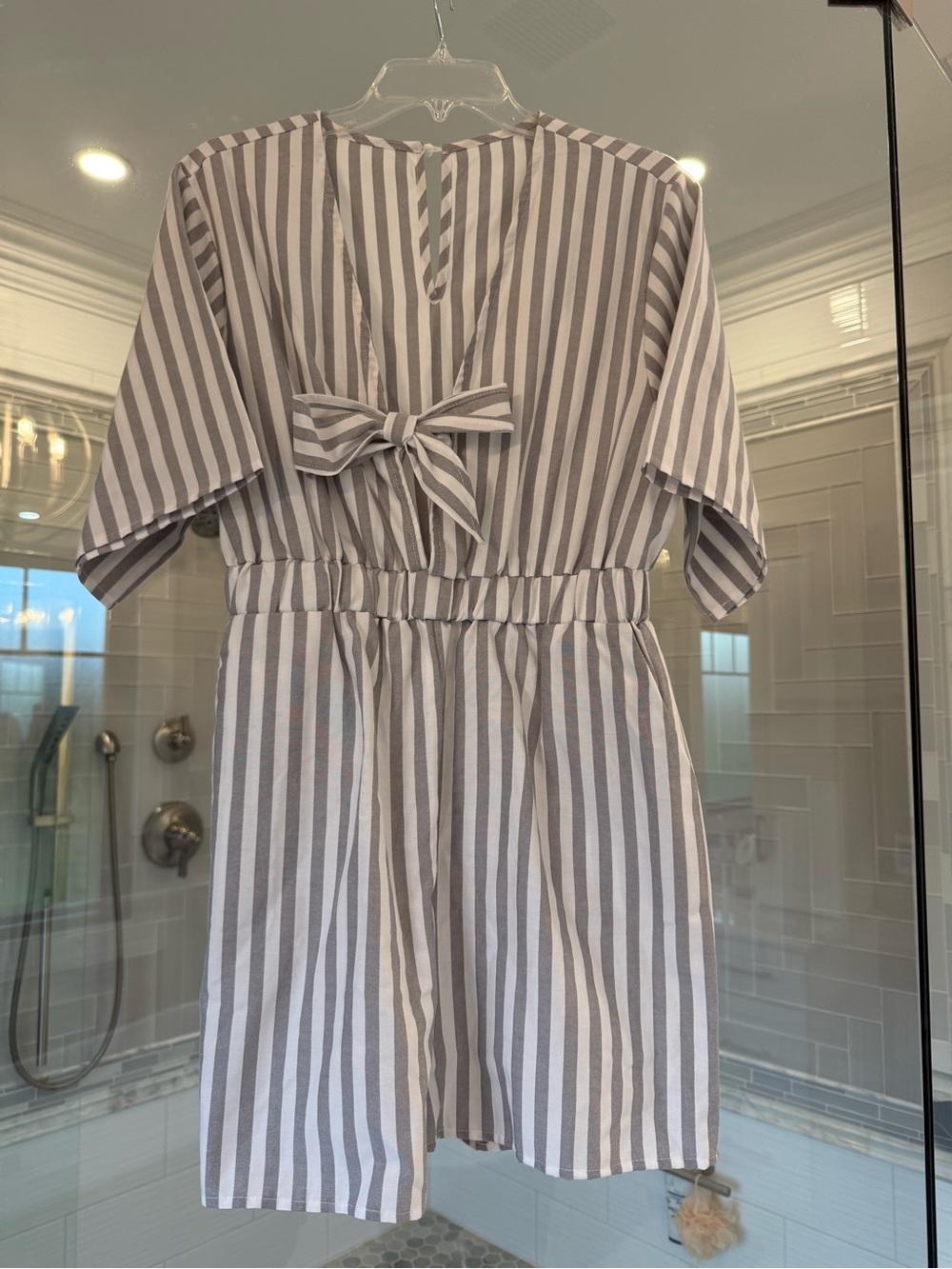 Cupshe Gray and White Striped Short Jumpsuit
